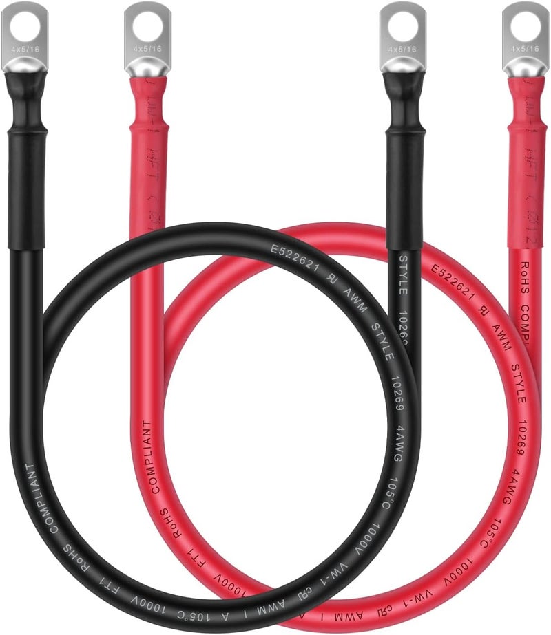 iGreely Battery Cable - 4 AWG 4 Gauge Wire Made with OFC Copper PV Wire Battery Power Inverter Cables with 5/16" Lugs Terminals for Solar Panel Automotive Motorcycle RV Marine 1ft/30cm - Image 1